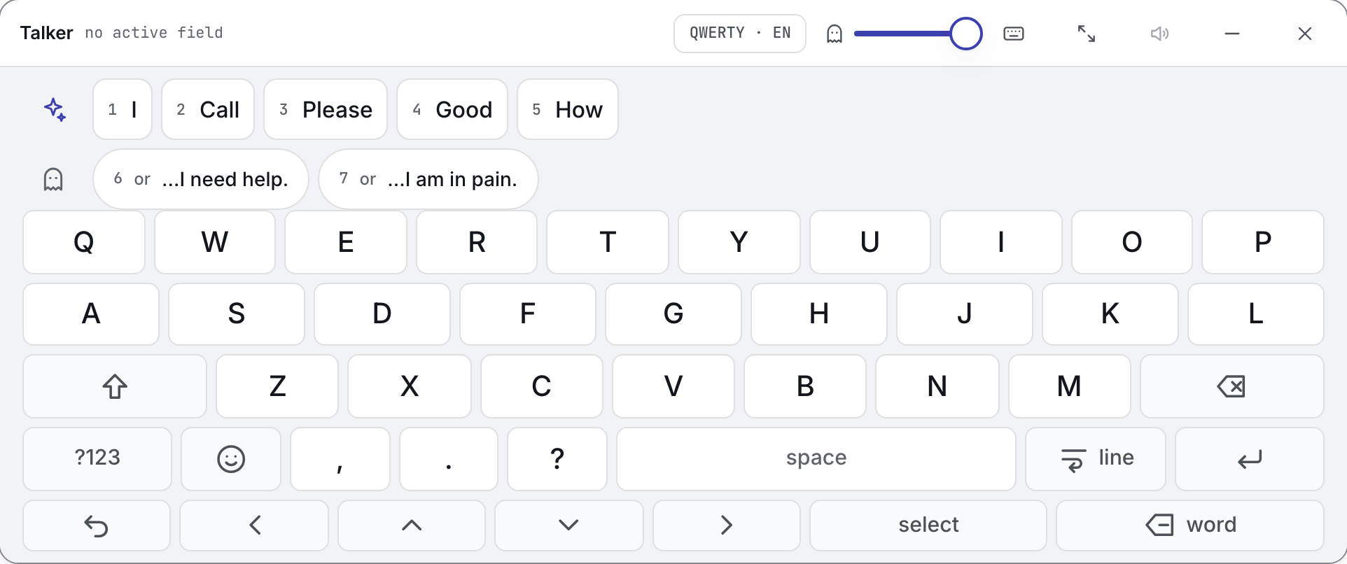 The TalkerApp overlay keyboard window: a row of five numbered word suggestions and a row of two sentence suggestions above a QWERTY keyboard with large keys. Its header says no active field.